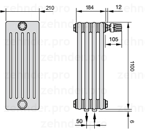 Схема (чертеж) Радиатор Zehnder Charleston 6110/4 №V008 Белый глянцевый RAL 9016